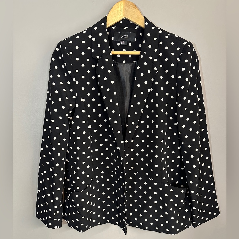 XXI Polka Dot Open Blazer Size Medium Black & White Lightweight‎ w Pockets